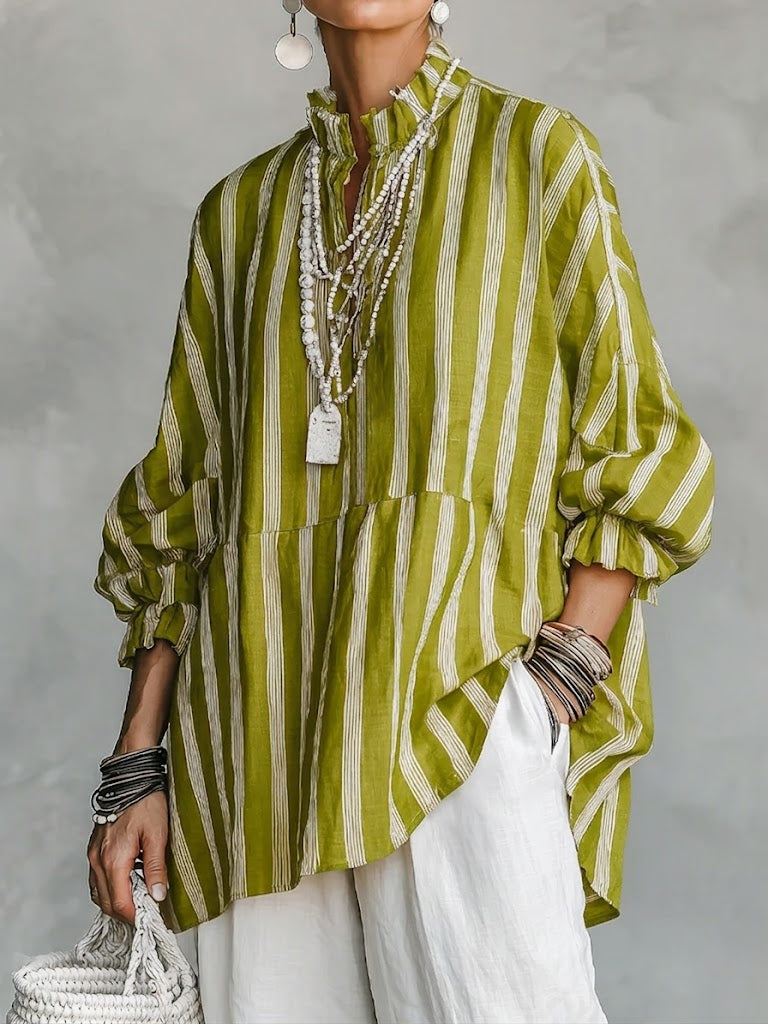 Loose-fit Casual Striped Linen And Cotton Shirt