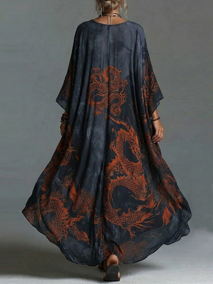 Women's Vintage V-neck Long-sleeve Casual Loose Cotton-linen Dress With Placement Print
