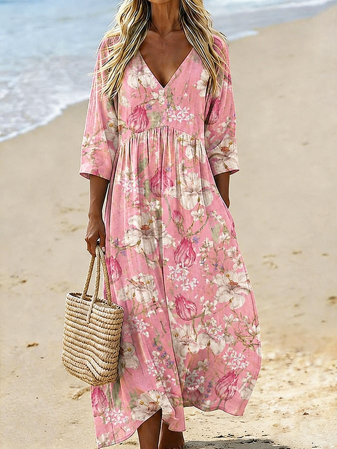 Women's Flower Pattern Print Casual V-neck Cotton-linen Dress