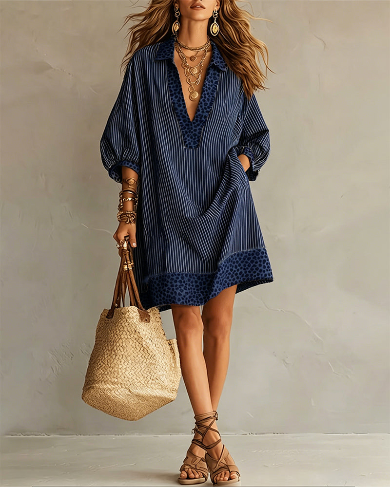 Women's Retro Striped & Leopard Print Casual Cotton Dress
