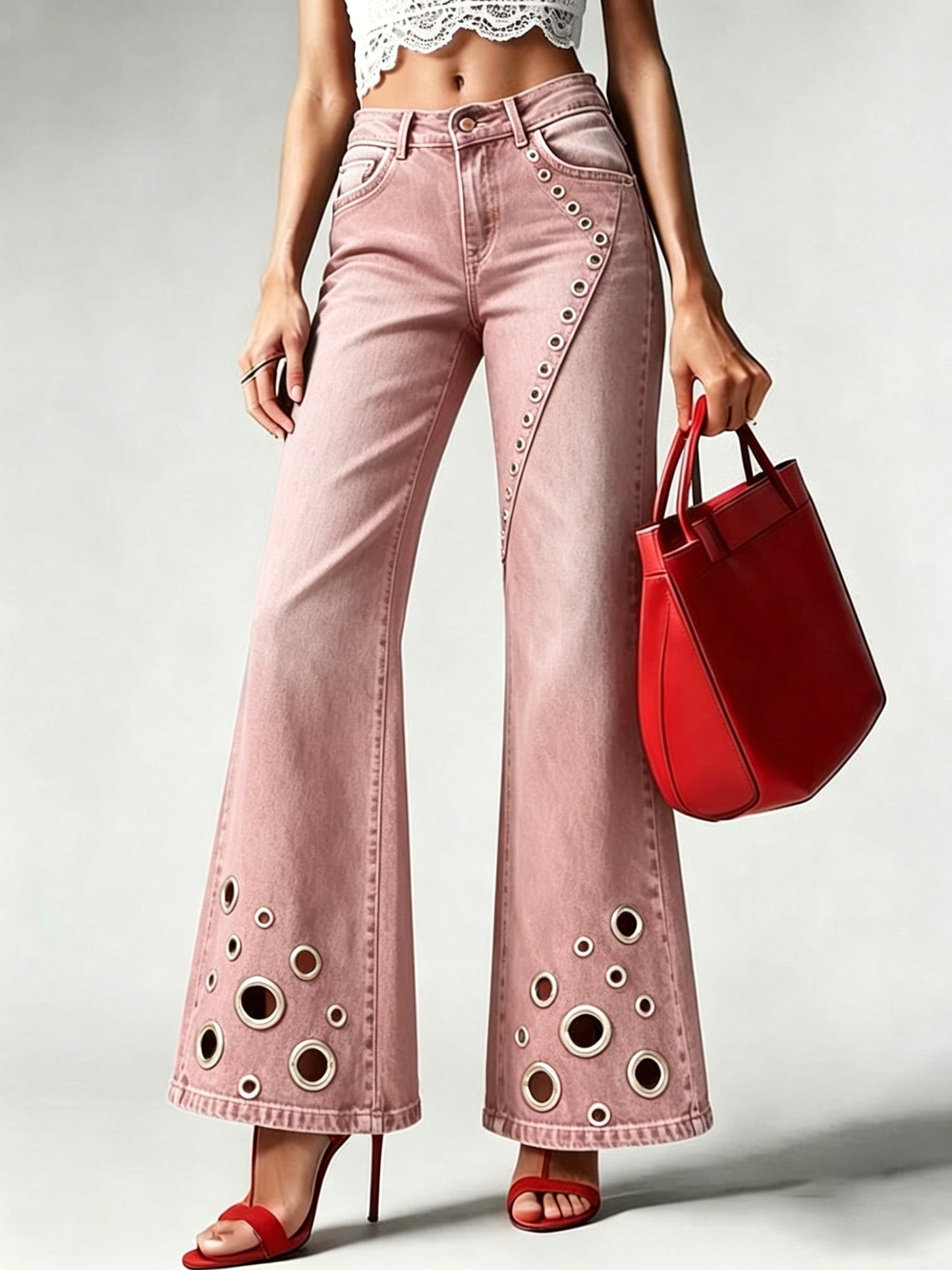 High-waisted Flared Jeans With Metal Ring Detail