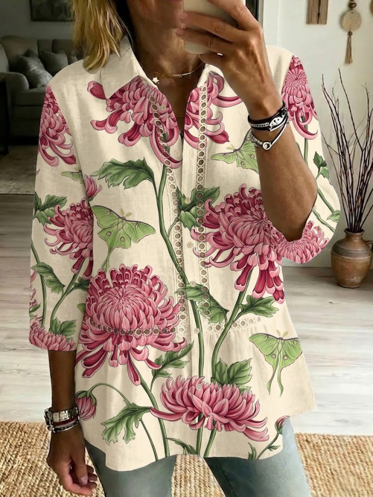 Casual Cotton-linen Shirt With Floral Art Patterns, Splicing, And Openwork Webbing Trim