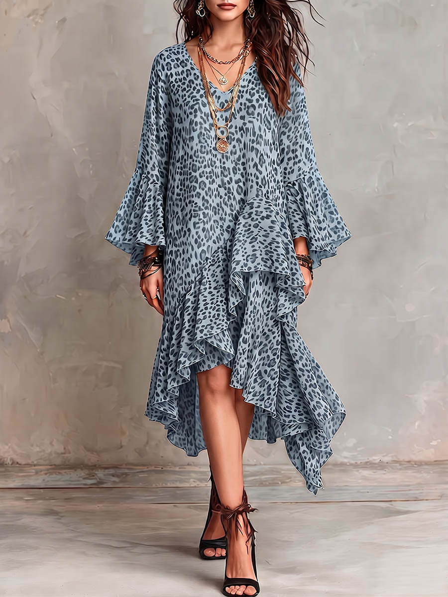 Women's Leopard Print V-neck Long-sleeve Casual Loose Chiffon A-line Dress