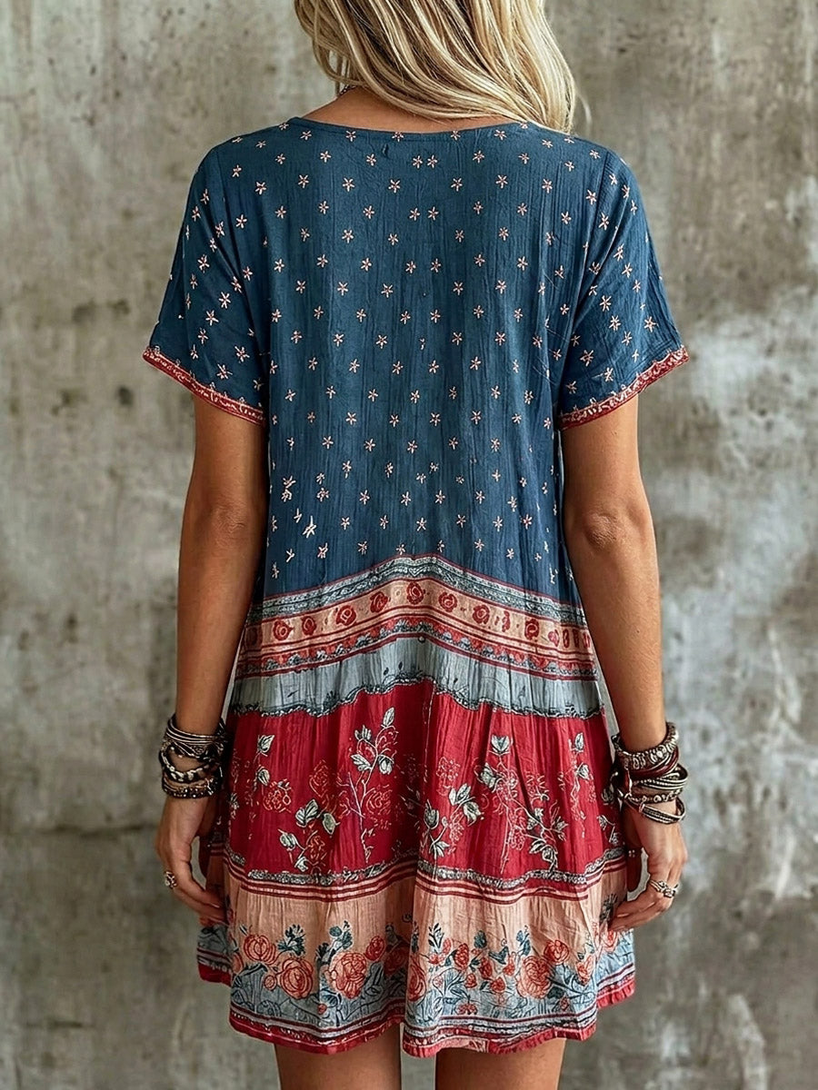 Women's Retro Floral Art Casual Stylish Cotton Linen Short Dress