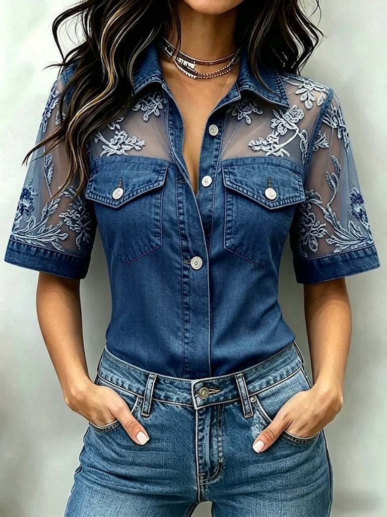 Stylish Casual Spliced lace Denim Shirt
