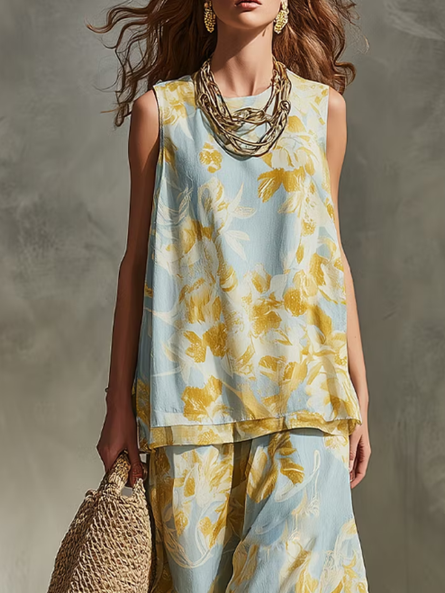 Floral Print Sleeveless Top & Wide-leg Pants Set