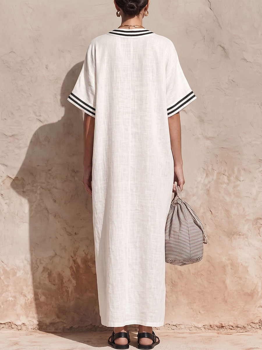 Women's Casual Loose Cotton-linen V-neck Short-sleeve Dress