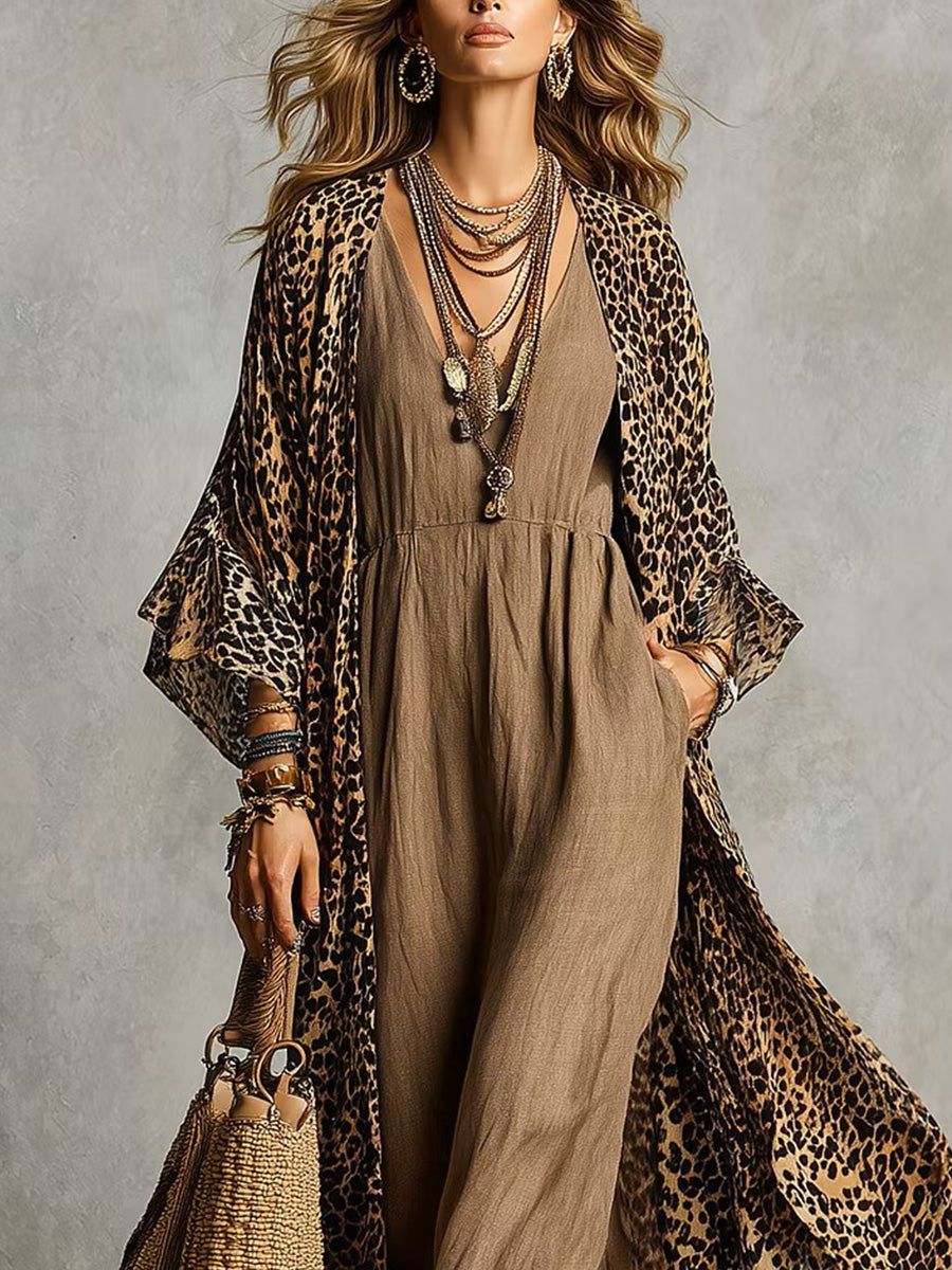 Leopard Print Kimono & Linen-cotton Jumpsuit Set