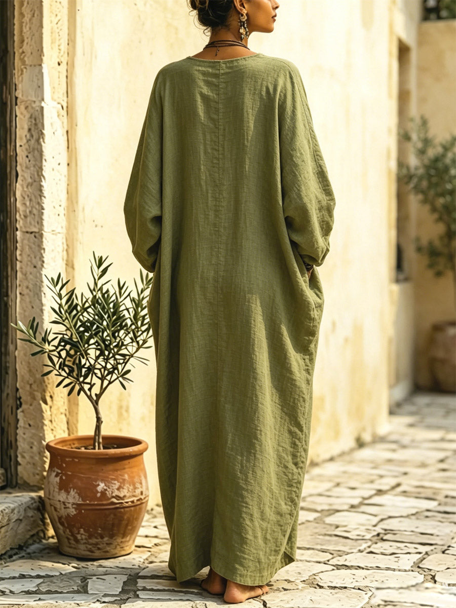 Women's Solid Color Art Casual Long Sleeve Cotton Linen Dress