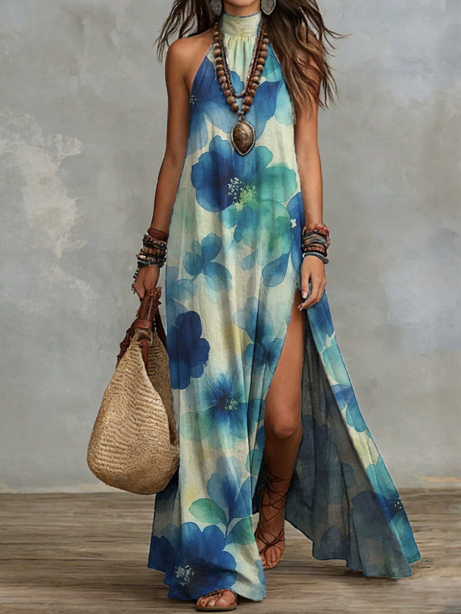 Bohemian-style Color-block Watercolor Floral Print Cotton-linen Halter-neck Slit Dress