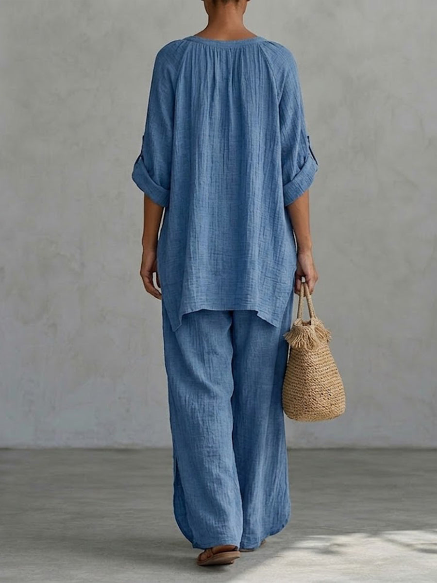 Cozy And Casual Linen-cotton Two-piece Set (top And Trousers)