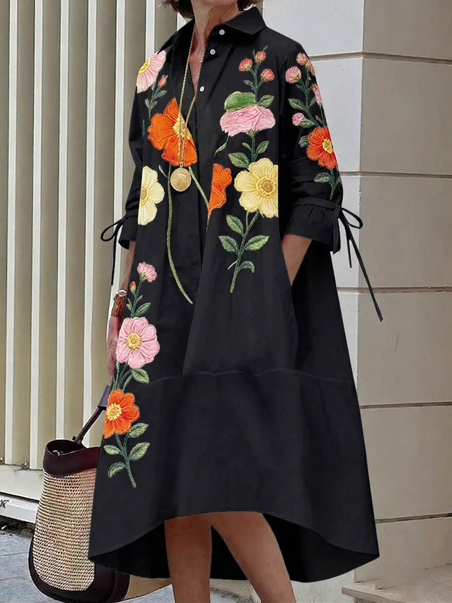 Women's Casual Loose Cotton-linen Dress With Shirt Collar 3/4 Sleeves And Placement Print
