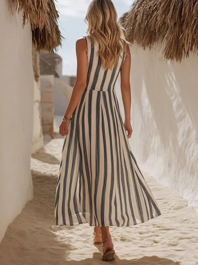 Women's Retro Striped Casual V-neck Maxi Dress