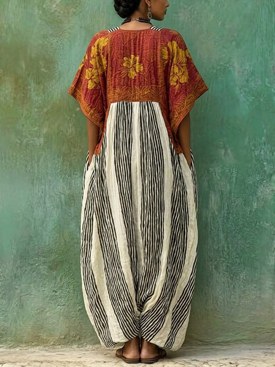 Women's Retro Floral Striped Pattern Art Print Casual Cotton Linen Dress