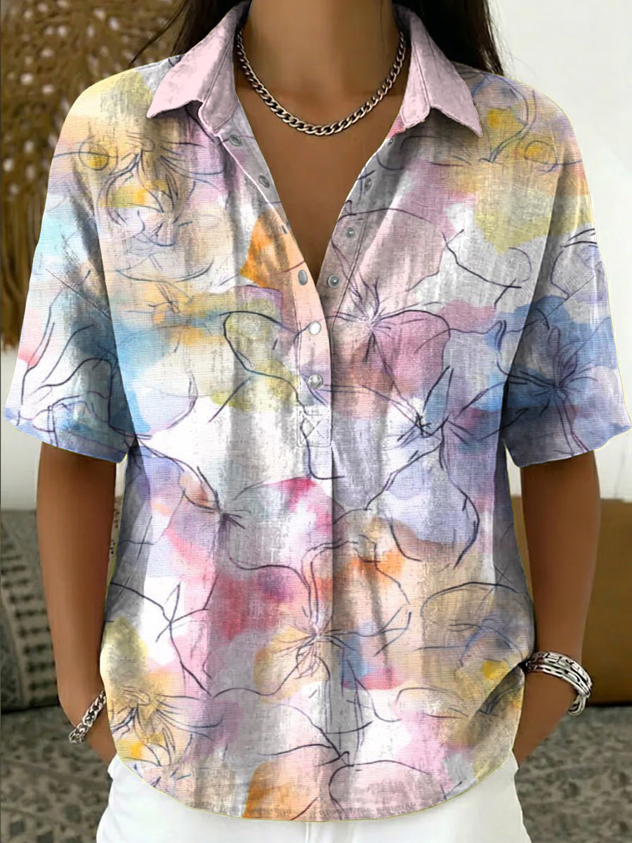 Women's Vintage Floral Art Print Cotton-linen Short-sleeve Shirt