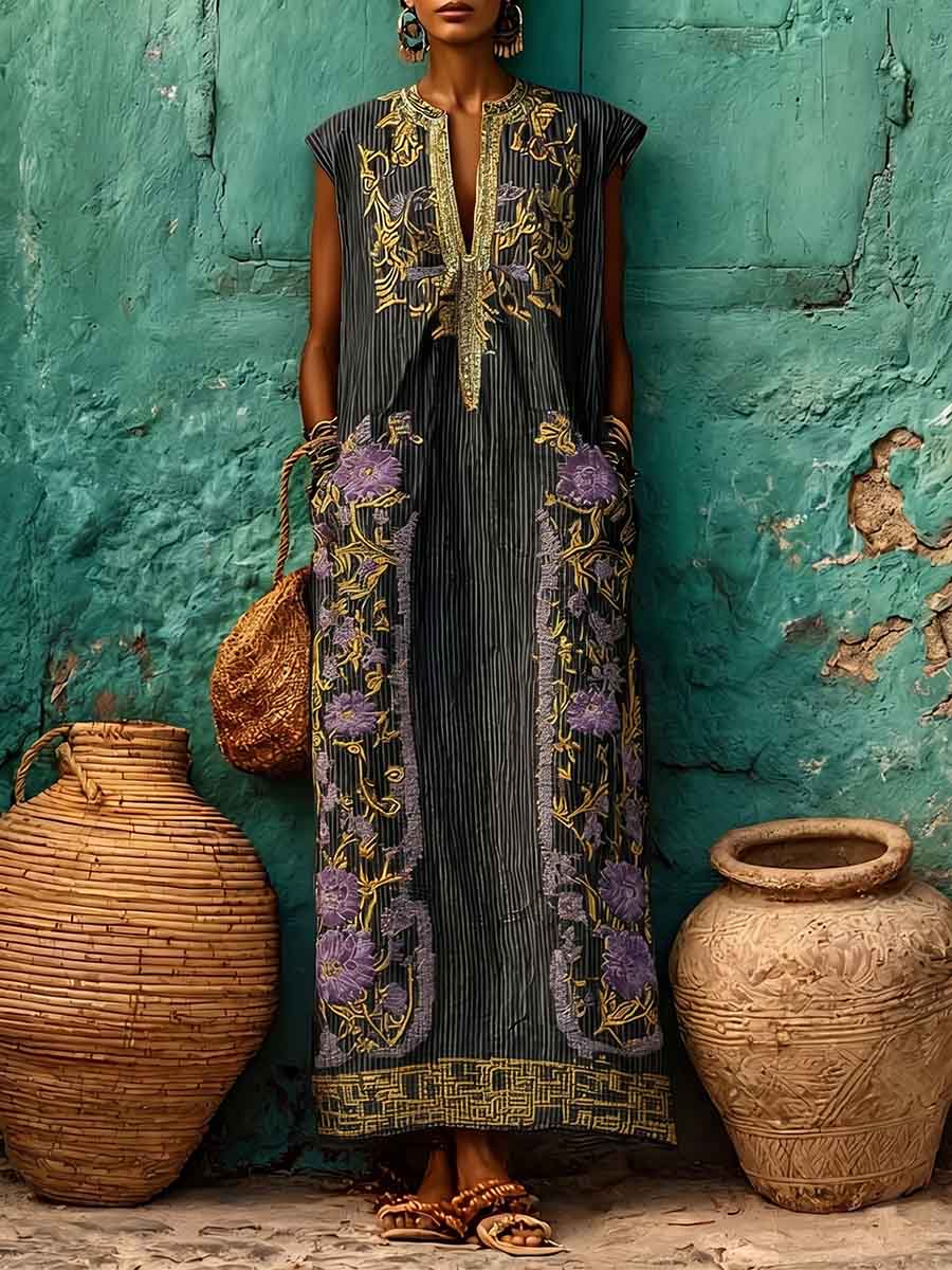 Women's Casual Loose Cotton-linen Dress — V-neck Sleeveless With Placement Print