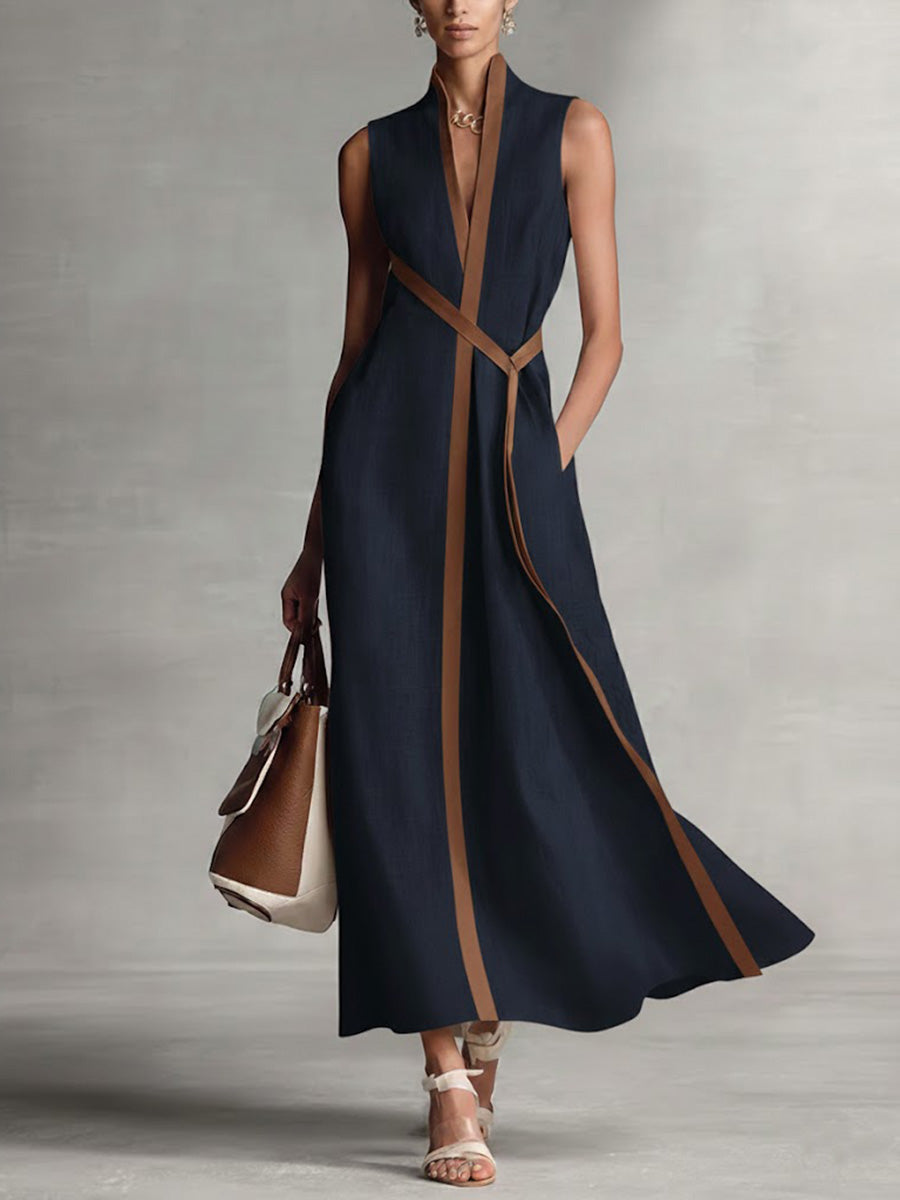 Women’s Stand-Up Collar Sleeveless Casual Loose Cotton and Linen Dress