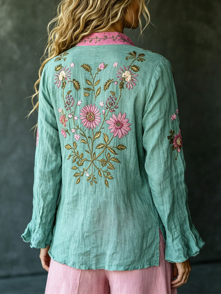 Women's Retro Floral Art Print Casual Cotton Linen Shirt