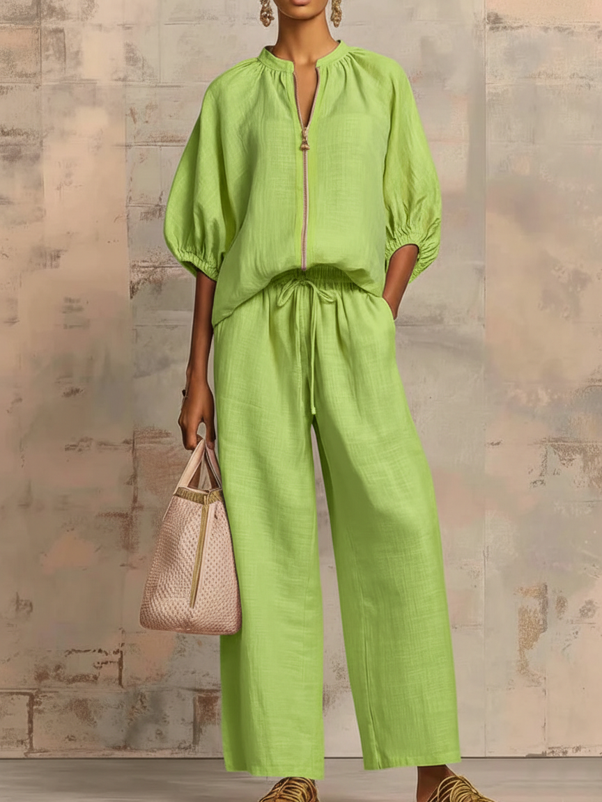 Stylish Cozy Shirt & Wide-Leg Pants Linen Cotton Two-Piece Set