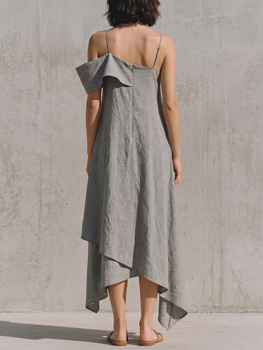 Women's Solid-color Casual Loose Cotton-linen Strappy Dress