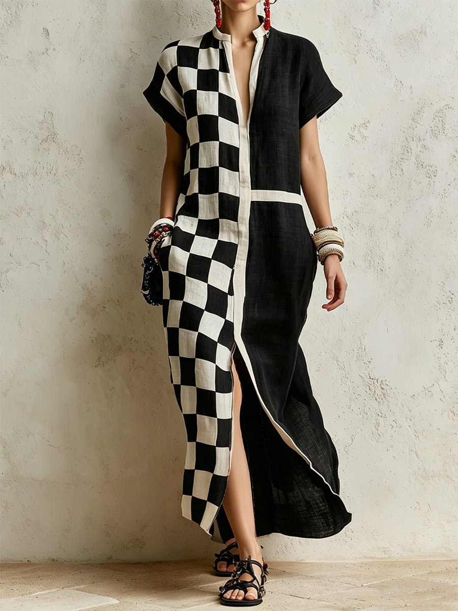 Color-block Checkerboard Patchwork Short-sleeve Shirt Dress With Stand Collar And Button-front