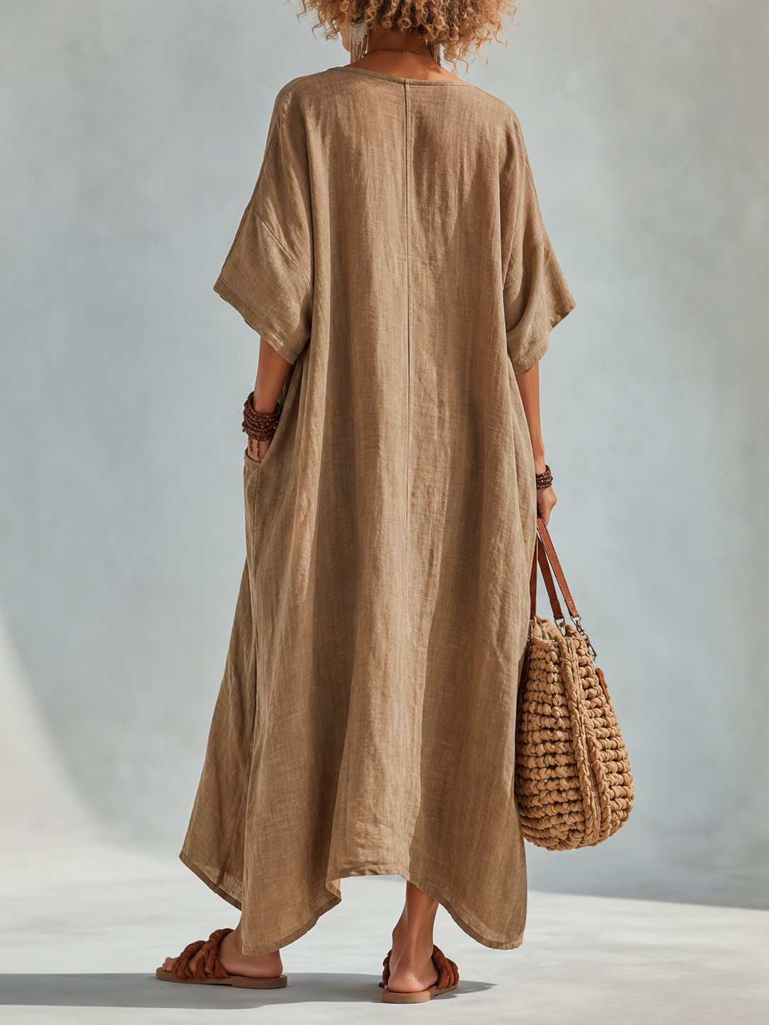 Crinkled Cotton-linen V-neck Kaftan Dress