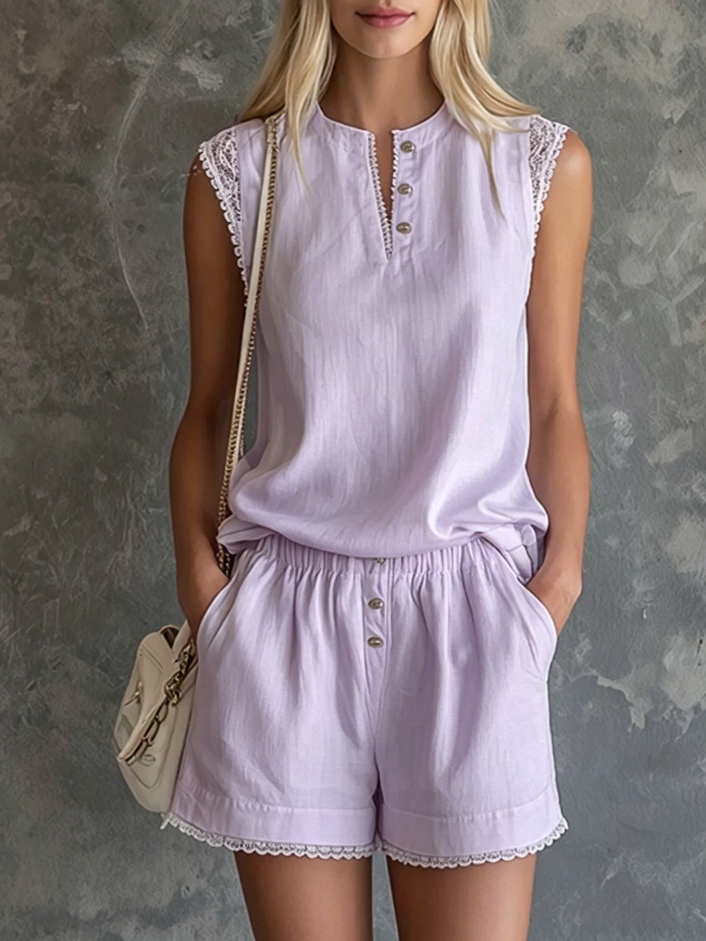 Lace-trimmed Sleeveless Top & Shorts Casual Set