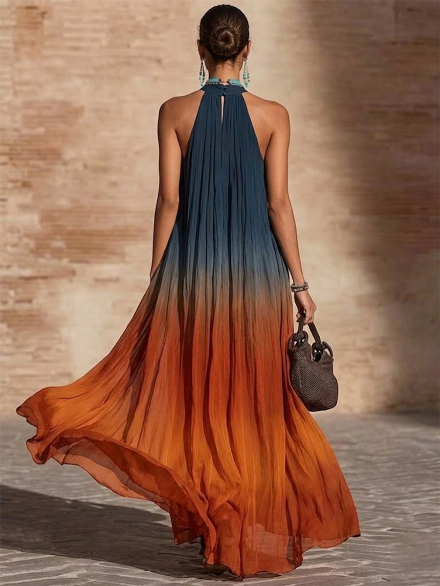 Ombré Halter-neck Sleeveless Maxi Dress With A Flowy, Full Skirt.