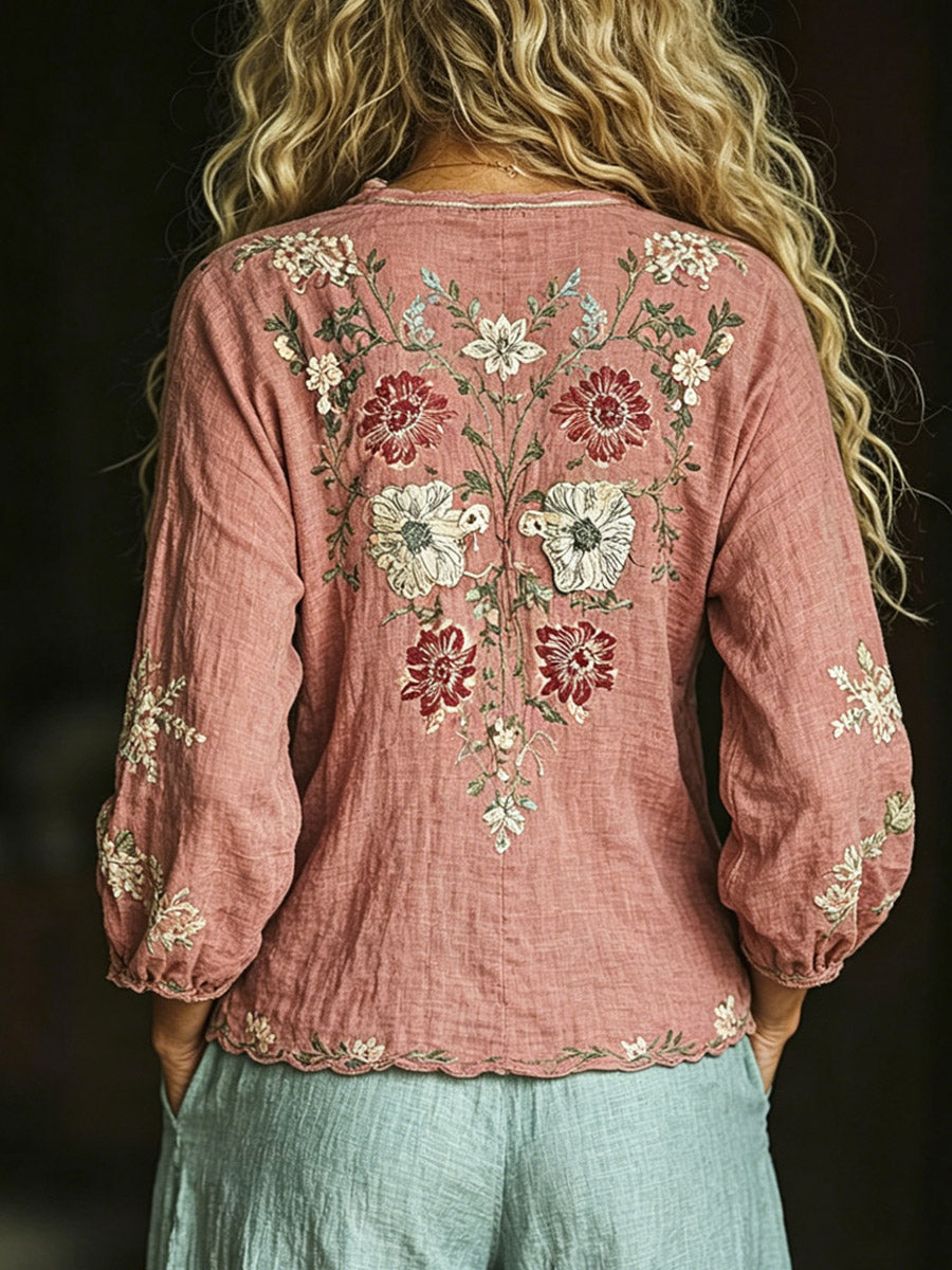 Women's Retro Floral Art Print Casual Cotton Linen Shirt