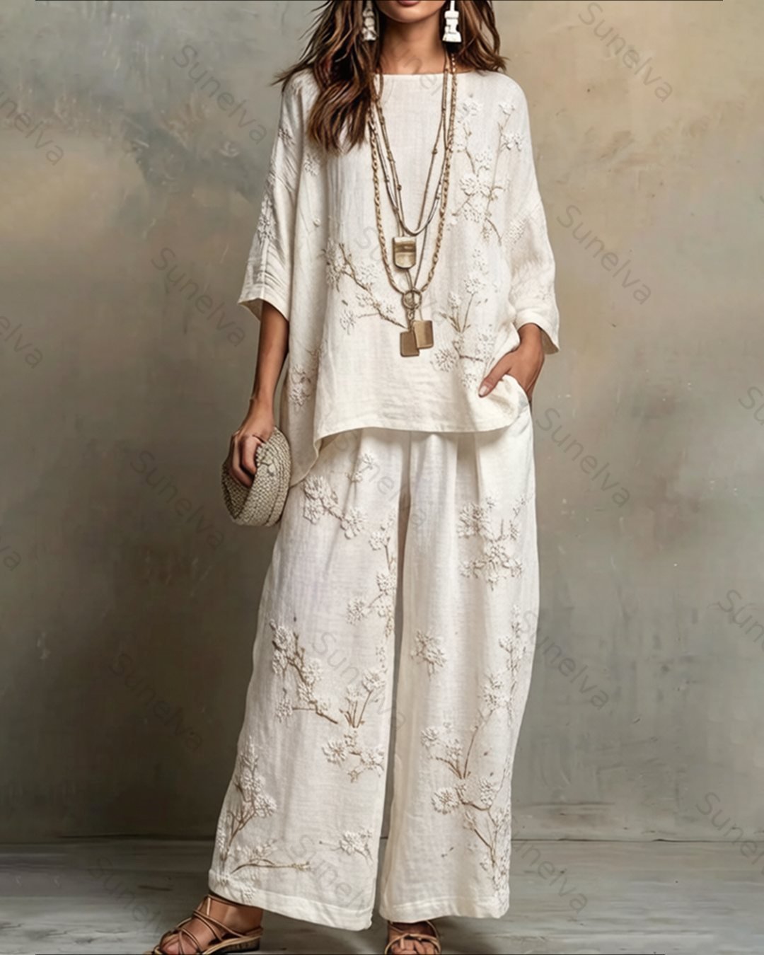 Women's Summer Resort Floral Embroidered Linen short-sleeved top & Pants Two-Piece Set 7941
