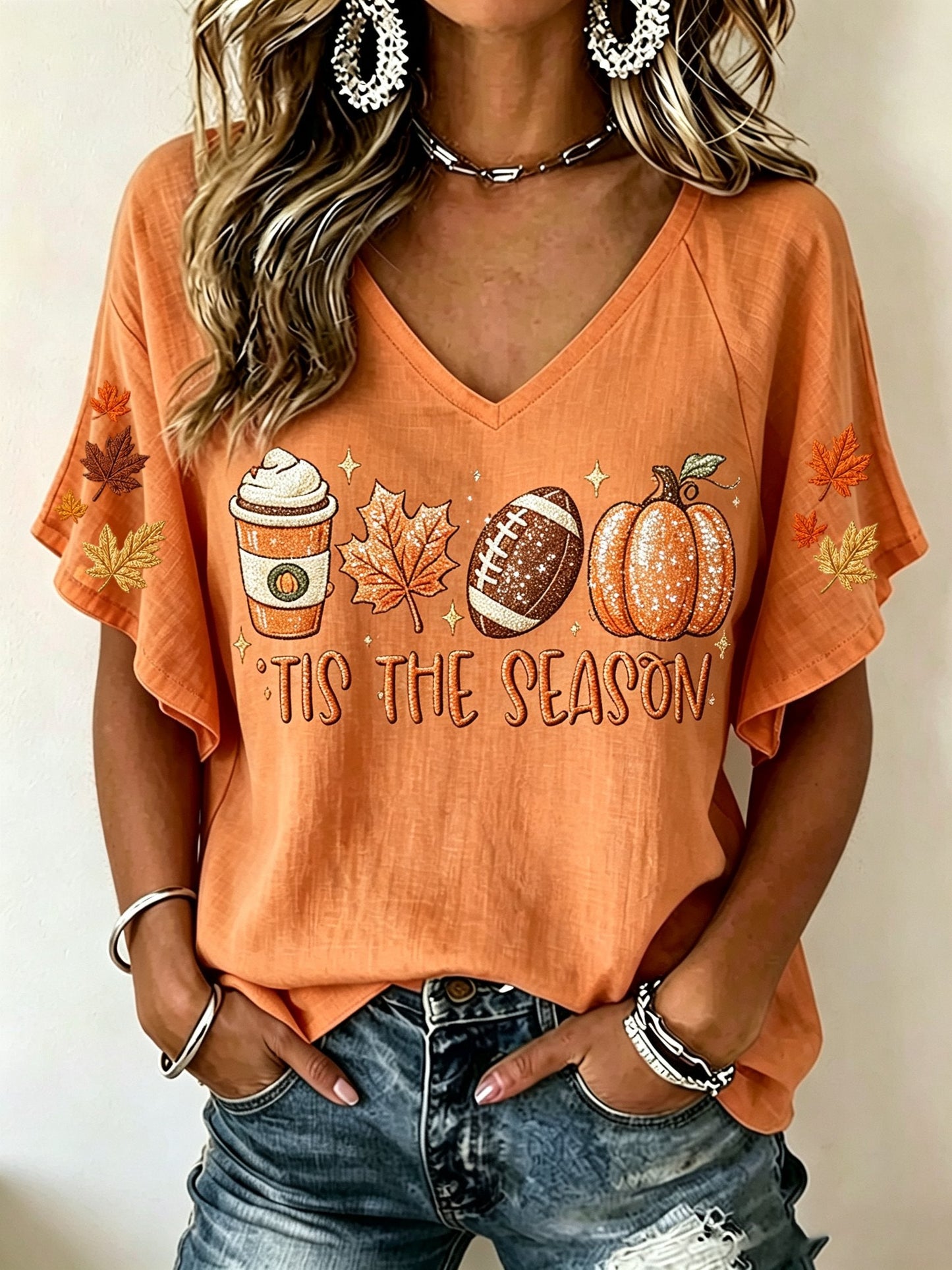 Women's Retro Fall Tis The Season Print Comfortable T-Shirt