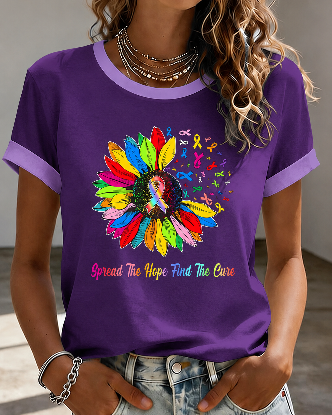 Women's Rainbow Sunflower Multi Cancer Awareness Ribbon Inspirational Quote Contrast Trim Casual T-Shirt