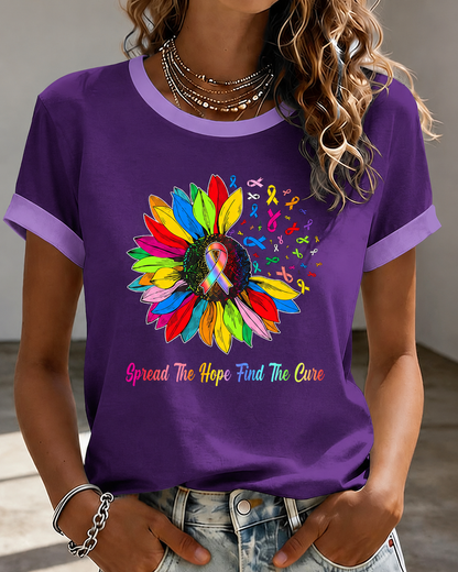 Women's Rainbow Sunflower Multi Cancer Awareness Ribbon Inspirational Quote Contrast Trim Casual T-Shirt