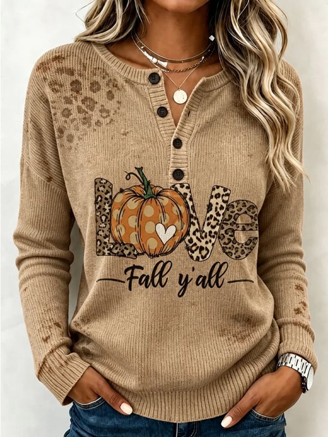 Women's Casual Printed Loose-Fit Henley Shirt
