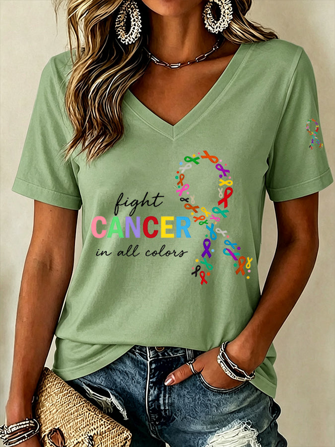 Women'S Fight Cancer In All Color Printed V-Neck T-Shirt