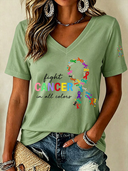 Women'S Fight Cancer In All Color Printed V-Neck T-Shirt