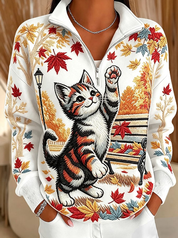 Women's Casual Printed Zipper Collar Long-Sleeve Sweatshirt