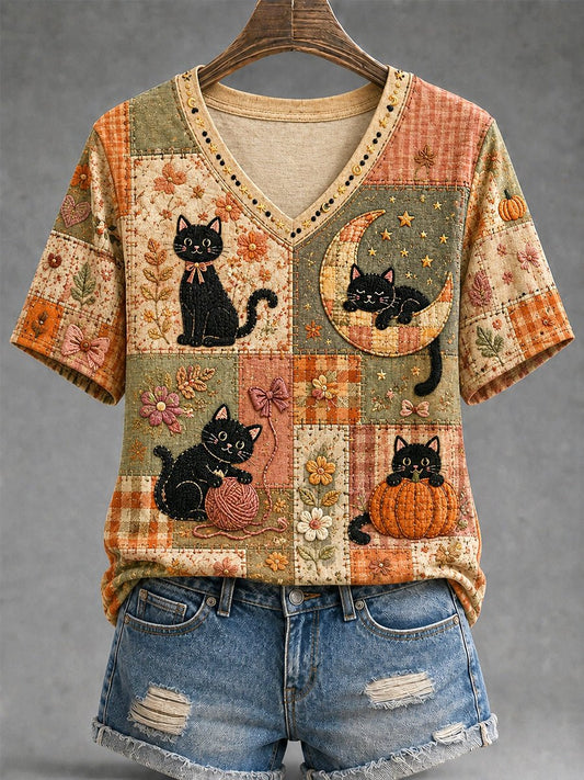 Women's Autumn Floral Plaid Patchwork Black Cat Print T-Shirt