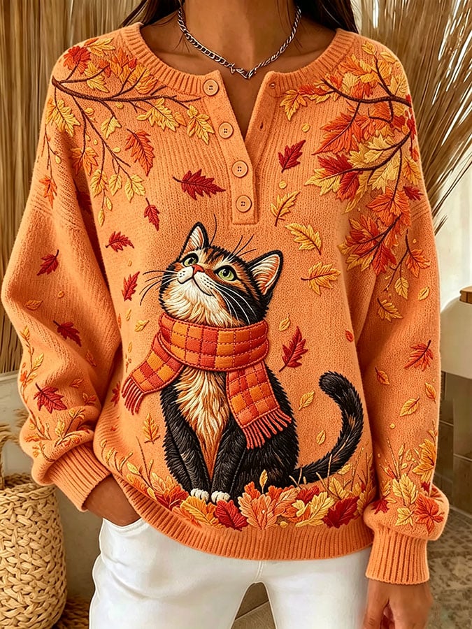 Women's Casual Print Button-Up Collar Knit Top
