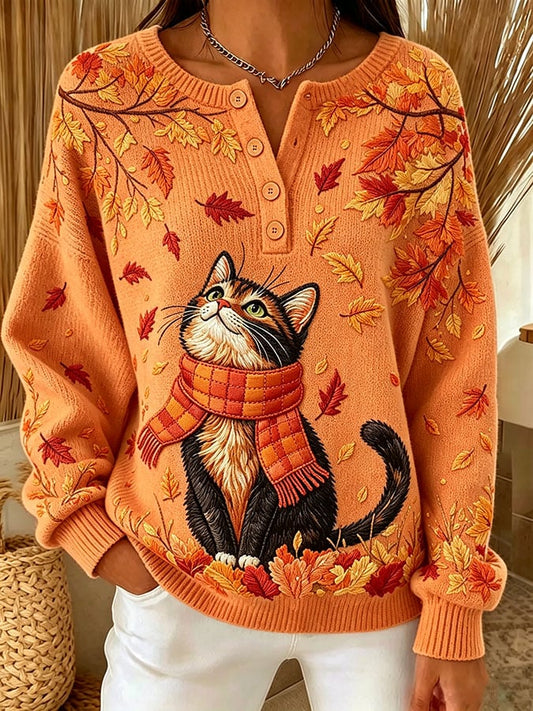 Women's Casual Print Button-Up Collar Knit Top