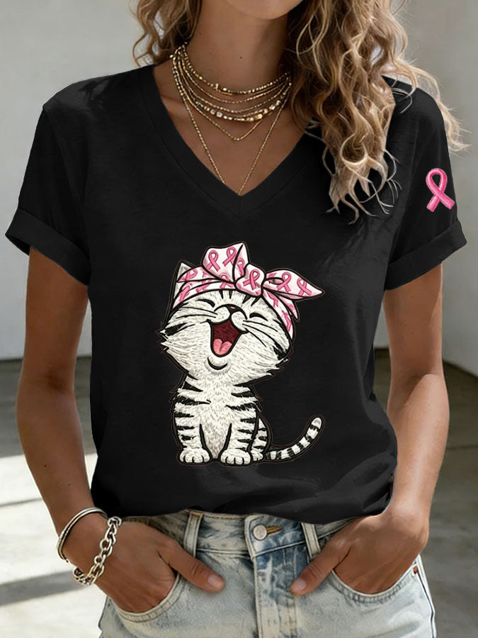 Women's Breast Cancer Awareness Cute Cat Print T-shirt