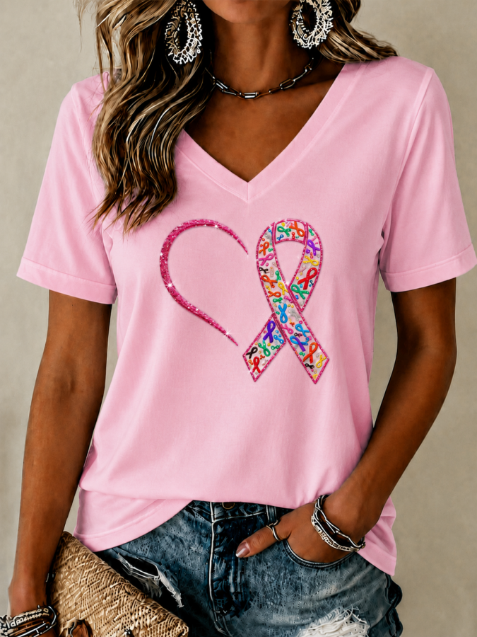Women'S Cancer Awareness Main Pattern Printed V-Neck T-Shirt