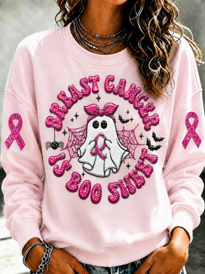 Women'S Pink Patchwork Print Breast Cancer Awareness Crewneck Sweatshirt