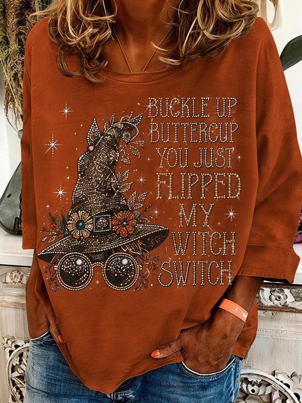 Women's "Buckle Up Buttercup, You Just Flipped My Witch Switch" Graphic Crew Neck 3/4 Sleeve T-Shirt