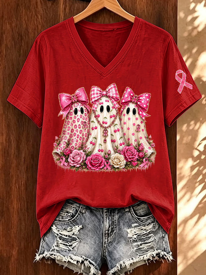 Women'S Breast Cancer Awareness And Ghost Witch Halloween Support Printed T-Shirt