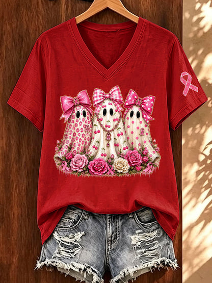 Women'S Breast Cancer Awareness And Ghost Witch Halloween Support Printed T-Shirt