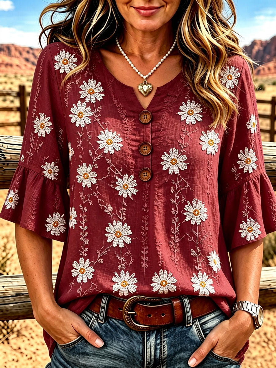 Ladies' Western Style Cotton And Linen Casual Top