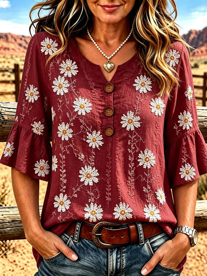 Ladies' Western Style Cotton And Linen Casual Top