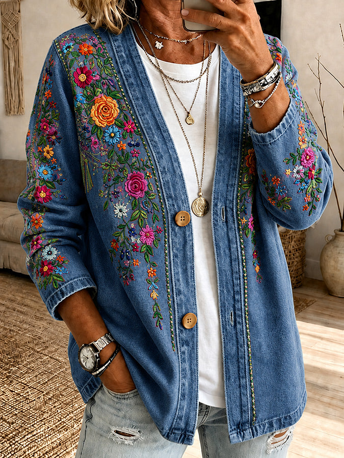 Women'S Pink Embroidered Floral Print Casual Cardigan