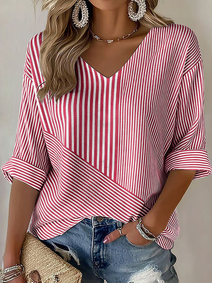 Women'S Casual Breast Cancer Awareness Print Pink Stripe Art V-Neck T-Shirt